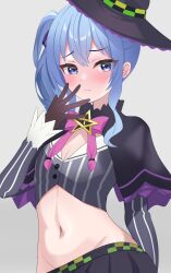 Rule 34 | 1girl, black headwear, black skirt, blue eyes, blue hair, blush, breasts, capelet, cleavage, cosplay, cropped shirt, fawny, grey hair, hat, highres, hololive, hoshimachi suisei, long hair, looking at viewer, murasaki shion, murasaki shion (1st costume), murasaki shion (cosplay), navel, purple capelet, shirt, side ponytail, skirt, small breasts, star (symbol), star in eye, striped clothes, striped shirt, symbol in eye, vertical-striped clothes, vertical-striped shirt, virtual youtuber, witch hat