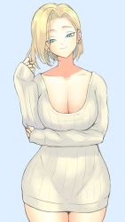 Rule 34 | 1girl, anagumasan, android 18, blonde hair, blue background, blue eyes, breasts, cleavage, closed mouth, collarbone, commentary request, crossed arms, dragon ball, dragonball z, dress, earrings, hand up, head tilt, highres, jewelry, large breasts, long sleeves, looking at viewer, parted bangs, ribbed sweater, short hair, simple background, sleeves past wrists, smile, solo, standing, sweater, sweater dress, white sweater