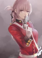 Rule 34 | 1girl, absurdres, bad id, bad pixiv id, belt, braid, breasts, fate/grand order, fate (series), finger on trigger, florence nightingale (fate), gloves, grey hair, gun, hand on own hip, hand up, handgun, highres, ichinosenen, large breasts, military, military uniform, parted lips, purple eyes, revolver, solo, uniform, upper body, weapon, white gloves