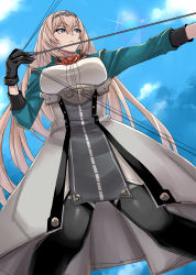 Rule 34 | 1girl, arrow (projectile), black gloves, black pantyhose, blonde hair, blue eyes, bow (weapon), closed mouth, cloud, commentary, corset, dress, firing, from below, gloves, green jacket, highres, jacket, kantai collection, long hair, minarai, pantyhose, sky, solo, tiara, victorious (kancolle), weapon, white dress