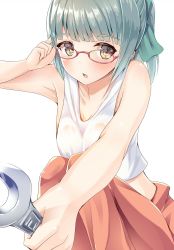 Rule 34 | 10s, 1girl, aqua hair, bad id, bad pixiv id, bare shoulders, breasts, brown eyes, cleavage, glasses, green ribbon, hair ribbon, hamalu, highres, kantai collection, looking at viewer, looking to the side, medium breasts, ponytail, red-framed eyewear, ribbon, simple background, solo, squatting, white background, yuubari (kancolle)