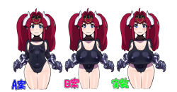 Rule 34 | 1girl, blue eyes, breasts, character sheet, cleavage, embarrassed, flat chest, gauntlets, gen&#039;en (sioherashi), horns, huge breasts, one-piece swimsuit, red hair, sio kakeruhito, swimsuit, thighs, twintails
