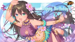 Rule 34 | 1girl, barefoot, blue eyes, brown hair, cleavage cutout, clothing cutout, copyright name, copyright notice, feet, flower, flower request, gold necklace, green eyes, hair flower, hair ornament, happy birthday, heterochromia, highres, jewelry, kusumoto shizuru, logo, long hair, looking at viewer, mahjong, mahjong soul, midriff, navel, necklace, official art, open mouth, petals, ring, sara (mahjong soul), smile, tenbou, yostar