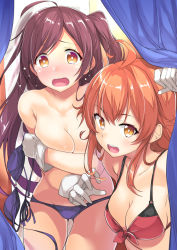 Rule 34 | 10s, 2girls, :d, ahoge, arashi (kancolle), arm up, bare shoulders, bikini, unworn bikini top, blush, breasts, cleavage, collarbone, covering privates, covering breasts, cowboy shot, curtains, embarrassed, front-tie bikini top, front-tie top, full-face blush, gintarou (kurousagi108), gloves, hagikaze (kancolle), kantai collection, leaning forward, looking at viewer, multiple girls, open mouth, orange eyes, outstretched arm, purple bikini, purple hair, red bikini, red hair, red ribbon, ribbon, round teeth, smile, standing, swimsuit, teeth, thigh gap, thighs, topless, upper body, white gloves, yellow eyes