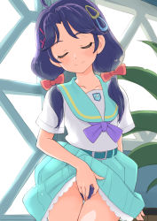 Rule 34 | 1girl, aozora middle school uniform, aqua sailor collar, aqua skirt, bottomless, bow, closed mouth, clothes lift, commentary request, closed eyes, female pubic hair, hair ornament, hand on own crotch, highres, kikurage (crayon arts), medium hair, precure, pubic hair, purple hair, purple pubic hair, red bow, sailor collar, school uniform, short twintails, skirt, skirt lift, smile, solo, suzumura sango, tropical-rouge! precure, twintails