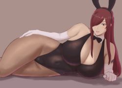 Rule 34 | 1girl, animal costume, animal ears, bow, bowtie, breasts, cleavage, collar, elbow gloves, erza scarlet, fairy tail, gloves, hair between eyes, hair over one eye, huge breasts, leotard, lips, long hair, lying, ma mi fe, playboy bunny, rabbit ears, red hair, smile, solo, thighs