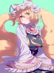 Rule 34 | 1girl, animal ears, animal hat, blonde hair, blush, breasts, closed mouth, dress, fluffy, fox ears, fox tail, green background, hair between eyes, hat, heart, highres, kitsune, large breasts, long sleeves, looking to the side, masanaga (tsukasa), mob cap, multiple tails, short hair, simple background, sleeves past fingers, sleeves past wrists, smile, solo, tabard, tail, touhou, upper body, white dress, white hat, wide sleeves, yakumo ran, yellow eyes
