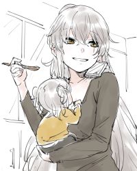 Rule 34 | 1girl, baby, black shirt, commentary request, girls&#039; frontline, grey hair, hair between eyes, highres, holding, holding baby, holding spoon, long hair, long sleeves, mother and child, scar, scar across eye, scar on face, shinoe nun, shirt, sketch, smile, spoon, ump45 (girls&#039; frontline), very long hair, yellow eyes