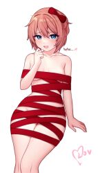 Rule 34 | 1girl, absurdres, blue eyes, blush, bow, breasts, brown hair, doki doki literature club, groin, hair between eyes, hair bow, hand to own mouth, heart, highres, invisible chair, looking at viewer, mika (lovdere), naked ribbon, nervous smile, open mouth, red bow, red ribbon, ribbon, sayori (doki doki literature club), short hair, sitting, small breasts, smile, solo, sweat, white background