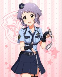 Rule 34 | 1girl, :d, belt, belt buckle, black belt, black gloves, black shorts, blue hat, blue necktie, blue shirt, blue skirt, blush, breast pocket, breasts, buckle, chest harness, collarbone, collared shirt, concept police (idolmaster), cuffs, dot nose, emblem, fingerless gloves, garrison cap, garter straps, gloves, handcuffs, harness, hat, holding, holding handcuffs, idolmaster, idolmaster million live!, idolmaster million live! theater days, looking at viewer, makabe mizuki, mini hat, necktie, official alternate costume, official art, open mouth, pink background, pleated skirt, pocket, police, police badge, police uniform, policewoman, purple hair, shirt, short hair, short shorts, short sleeves, shorts, side slit, sidelocks, skirt, small breasts, smile, solo, standing, thigh strap, tilted headwear, wavy hair, yellow eyes, zipper pull tab, zipper skirt