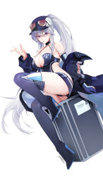 Rule 34 | absurdres, aqua hair, azur lane, back cutout, backless outfit, bare shoulders, breasts, cleavage, clothing cutout, coat, dress, elbow gloves, enterprise (azur lane), enterprise (wind catcher) (azur lane), eyewear on headwear, gloves, hair through headwear, halter dress, halterneck, hand up, high heels, high ponytail, highres, knee up, large breasts, long hair, off shoulder, official alternate costume, open clothes, open coat, orange-tinted eyewear, purple eyes, race queen, sideless outfit, single glove, sitting, sleeveless, sunglasses, thighhighs, tinted eyewear, white background, white hair, xnnagu, zipper