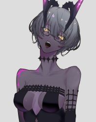 Rule 34 | 1girl, bare shoulders, black-framed eyewear, black dress, breasts, choker, cleavage, colored skin, commentary request, dress, fate/grand order, fate (series), glasses, grey hair, grey skin, highres, horns, hyakumo, jacques de molay (foreigner) (fate), jacques de molay (foreigner) (third ascension) (fate), looking at viewer, open mouth, short hair, solo, teeth, upper body, upper teeth only, white background, yellow eyes
