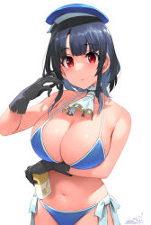 Rule 34 | 1girl, arm under breasts, beret, bikini, black gloves, black hair, blue bikini, blue hat, blush, breasts, cleavage, closed mouth, gloves, happa (cloverppd), hat, highres, holding, kantai collection, large breasts, looking at viewer, red eyes, short hair, simple background, solo, swimsuit, takao (kancolle), upper body, white background