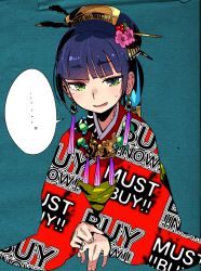 Rule 34 | ..., 1girl, :d, blue background, blue hair, blunt bangs, clothes writing, copyright request, earrings, fingernails, green eyes, hair ornament, hair stick, idkuroi, japanese clothes, jewelry, kimono, long sleeves, looking at viewer, open mouth, print kimono, red kimono, simple background, smile, solo, spoken ellipsis, sweat, tassel, tassel earrings, unmoving pattern, upper body