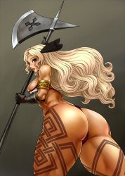 Rule 34 | 1girl, amazon (dragon&#039;s crown), armor, ass, bikini armor, blonde hair, dragon&#039;s crown, feathers, female focus, gauntlets, hair ornament, halberd, highres, huge ass, long hair, looking back, matoyama, muscular, panties, polearm, solo, tattoo, thick thighs, thighs, thong, underwear, vanillaware, weapon