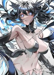 Rule 34 | 1girl, absurdres, black gloves, black hair, blue eyes, breasts, character request, colored inner hair, copyright request, detached collar, detached sleeves, elbow gloves, gloves, hair between eyes, highres, long hair, medium breasts, multicolored hair, navel, parted lips, sagging breasts, yongsadragon