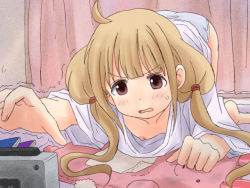 Rule 34 | 1girl, ahoge, alarm clock, all fours, barefoot, blonde hair, blush, book, breasts, brown eyes, clock, collarbone, commentary request, curtains, downblouse, full body, futaba anzu, idolmaster, idolmaster cinderella girls, indoors, lielos, long hair, low twintails, nipple slip, nipples, no bra, open mouth, oversized clothes, panties, reaching, shirt, short sleeves, small breasts, solo, stuffed animal, stuffed rabbit, stuffed toy, sweatdrop, t-shirt, trembling, twintails, underwear, white panties, white shirt