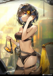 Rule 34 | 1girl, absurdres, arknights, bandeau, belt, black belt, black panties, black scarf, blue eyes, blue hairband, bottle, breasts, cowboy shot, cropped, dadijiji, eunectes (arknights), goggles, hairband, hand in own hair, hand up, head tilt, highres, holding, holding goggles, holding with tail, large breasts, midriff, navel, panties, pointy ears, prehensile tail, scarf, short hair, snake tail, solo, standing, stomach, strapless, tail, thigh strap, thighs, third-party edit, torn clothes, tube top, underwear, undressing
