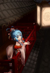Rule 34 | 1girl, architecture, blue eyes, blue hair, chopsticks, east asian architecture, hair ornament, hair rings, hair tubes, highres, lantern, luo tianyi, night, rooftop, vocaloid, wei ji