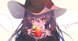 Rule 34 | 1girl, absurdres, alternate costume, bare shoulders, black hat, black nails, bow, bright pupils, brown hair, brown shirt, dated, eyeliner, floating hair, flower-shaped pupils, food, frilled sleeves, frills, fruit, genshin impact, hair flaps, hat, hat bow, heart, heart of string, highres, holding, holding food, holding fruit, hu tao (genshin impact), jewelry, light blush, long hair, looking at viewer, makeup, multiple rings, off-shoulder shirt, off shoulder, open mouth, orange eyes, qixia, red bow, red eyeliner, ring, shirt, sidelocks, simple background, string, string of fate, symbol-shaped pupils, tsurime, twintails, upper body, white background, white pupils, witch hat