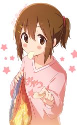 Rule 34 | 1girl, atu, blush, blush stickers, brown eyes, brown hair, chips (food), commentary request, food, food in mouth, hair between eyes, hair ornament, hairclip, highres, hirasawa yui, holding, k-on!, long sleeves, looking at viewer, pink shirt, ponytail, shirt, short hair, simple background, solo, star (symbol), twitter username, upper body, white background