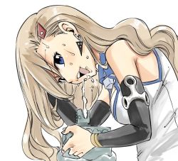 Rule 34 | 1girl, bare shoulders, blonde hair, blue eyes, breasts, cleavage, detached sleeves, drinking, drinking fountain, earrings, eden&#039;s zero, hair between eyes, hair ornament, hairclip, jewelry, looking at viewer, mashima hiro, official art, rebecca bluegarden, simple background, solo, sweat, water, white background