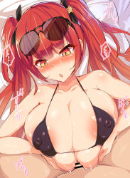 Rule 34 | 1boy, 1girl, areola slip, azur lane, bar censor, bare arms, bikini, black bikini, blunt bangs, blush, breasts, censored, clothed female nude male, clothed sex, collarbone, commentary request, covered erect nipples, eyes visible through hair, eyewear on head, hair ornament, heart, hetero, highres, honolulu (azur lane), honolulu (summer accident?!) (azur lane), huge breasts, lips, long hair, lying, nose blush, nude, on back, open mouth, paizuri, paizuri under clothes, penis, pov, red eyes, red hair, samurai (movemusic), shiny skin, solo focus, star (symbol), star hair ornament, straddling, straddling paizuri, sunglasses, sweat, swimsuit, translation request, twintails