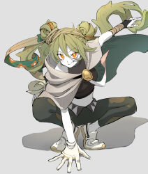 Rule 34 | 1girl, arm support, arm wrap, asymmetrical gloves, black shirt, bridal gauntlets, brown cloak, camouflage, camouflage pants, cloak, colored skin, commentary request, creatures (company), cropped shirt, double bun, floating hair, full body, game freak, gloves, green hair, green pants, grey background, grin, ground miku (project voltage), hair between eyes, hair bun, hatsune miku, highres, long hair, looking at viewer, midriff, mismatched gloves, multicolored hair, nat. e (pixiv 69681841), nintendo, orange eyes, pants, pokemon, project voltage, shadow, shirt, shoes, simple background, single bridal gauntlet, single glove, sleeveless, sleeveless shirt, smile, solo, squatting, streaked hair, twintails, vocaloid, white footwear, white gloves, white skin, yellow pupils