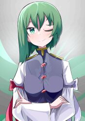 Rule 34 | 1girl, absurdres, asymmetrical hair, blush, bow, breasts, buttons, closed mouth, crossed arms, epaulettes, glint, green eyes, green hair, grey vest, hair between eyes, highres, long bangs, long sleeves, looking at viewer, medium breasts, medium hair, no headwear, one eye closed, red bow, shiki eiki, shirt, sleeve bow, smile, solo, spam (spamham4506), split mouth, touhou, upper body, vest, white bow, white shirt