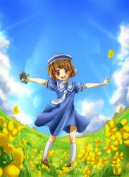 Rule 34 | 00s, 1girl, bad id, bad pixiv id, brown eyes, brown hair, child, clannad, dress, female focus, field, fisheye, flower, flower field, full body, hat, hiiragi namiki, nature, okazaki ushio, open mouth, outdoors, outstretched arms, robot, sailor dress, school uniform, short hair, sky, solo, spread arms, toy