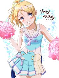 Rule 34 | 1girl, aqua bow, aqua shirt, aqua skirt, artist name, artist request, ayase eli, bare shoulders, blonde hair, blue eyes, blue necktie, blush, bow, breasts, cheerleader, clothes writing, collarbone, female focus, hair between eyes, hair bow, high ponytail, highres, holding, holding pom poms, long hair, looking at viewer, love live!, love live! school idol festival, love live! school idol project, medium breasts, miniskirt, necktie, parted lips, pink pom poms, plaid, plaid skirt, pleated, pleated skirt, pom pom (cheerleading), pom poms, ponytail, purple necktie, shirt, short hair, skirt, sleeveless, sleeveless shirt, smile, solo, striped, striped bow, teeth, white background, white bow, white wrist cuffs, wrist cuffs