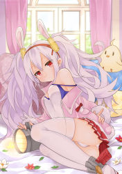 Rule 34 | 1girl, animal ears, ass, azur lane, bed, bed sheet, breasts, closed mouth, commentary request, day, expressionless, fake animal ears, floodlights, flower, hair between eyes, highres, indoors, jacket, jitome, laffey (azur lane), legs together, light purple hair, long hair, looking at viewer, lying, manjuu (azur lane), off shoulder, on bed, on side, panties, pantyshot, petals, pillow, pink jacket, pleated skirt, rabbit ears, red eyes, red skirt, saekiya sabou, sidelocks, skirt, small breasts, solo, strap slip, stuffed animal, stuffed toy, sunlight, thighhighs, twintails, underwear, very long hair, white panties, white thighhighs