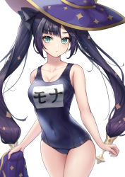 Rule 34 | 1girl, aqua eyes, bad id, bad twitter id, bare arms, bare shoulders, black bow, blue one-piece swimsuit, bow, breasts, cleavage, closed mouth, commentary request, genshin impact, gohei (aoi yuugure), hair bow, hat, highres, looking at viewer, medium breasts, mona (genshin impact), one-piece swimsuit, purple hair, purple hat, school swimsuit, school swimsuit flap, simple background, solo, swimsuit, twintails, white background, witch hat