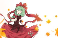 Rule 34 | 1girl, arm ribbon, bow, frilled ribbon, frilled skirt, frills, front ponytail, green eyes, green hair, hair bow, hair ribbon, highres, himuhino, kagiyama hina, leaf, lifting own clothes, maple leaf, one eye closed, open mouth, puffy short sleeves, puffy sleeves, red bow, red ribbon, ribbon, short sleeves, skirt, smile, teeth, touhou, upper teeth only, white background