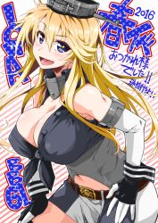 Rule 34 | 10s, 1girl, :d, bare shoulders, blonde hair, blue eyes, blush, breasts, cleavage, elbow gloves, covered erect nipples, fingerless gloves, gloves, huge breasts, iowa (kancolle), kantai collection, long hair, looking at viewer, midriff, miniskirt, navel, open mouth, skirt, smile, solo, star-shaped pupils, star (symbol), symbol-shaped pupils, thighhighs, yamaguchi homupe