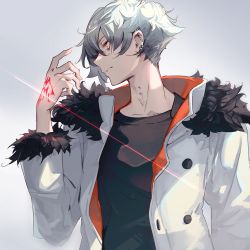 Rule 34 | 1boy, absurdres, bags under eyes, black shirt, closed mouth, coat, command spell, ear piercing, earrings, expressionless, fate/grand order, fate (series), fur collar, fur trim, gradient background, grey background, hand up, highres, jewelry, kadoc zemlupus, kodamazon, long sleeves, looking away, looking to the side, male focus, multicolored coat, multiple earrings, neck piercing, open clothes, open coat, piercing, shirt, short hair, solo, two-tone coat, upper body, white coat, white hair, yellow eyes