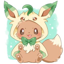 Rule 34 | :3, blush stickers, bow, brown eyes, capelet, clothed pokemon, cosplay, creatures (company), eevee, full body, game freak, gen 1 pokemon, gen 4 pokemon, green bow, hands up, highres, hood, hooded capelet, kana (maple926), leafeon, leafeon (cosplay), nintendo, open mouth, pokemon, pokemon (creature), sitting, smile, solo