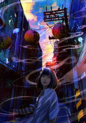 Rule 34 | 1girl, arms at sides, black hair, building, collared shirt, evening, highres, lantern, looking at viewer, necktie, original, outdoors, paper lantern, road, shirt, short hair, solo, standing, street, striped necktie, striped neckwear, sunlight, utility pole, wataboku, white shirt, wing collar