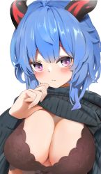 Rule 34 | 1girl, :/, absurdres, ahoge, blue hair, blush, bow, bow bra, bra, breasts, brown bra, cleavage, clothes lift, ganyu (genshin impact), genshin impact, highres, horns, lace, lace bra, lifting own clothes, long hair, looking at viewer, medium breasts, purple eyes, sidelocks, solo, sweater, sweater lift, underwear, upper body, user tsda4323, white background
