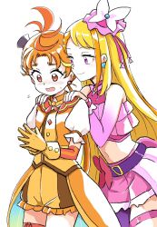 Rule 34 | 1boy, 1girl, bare shoulders, belt, black belt, blonde hair, blush, commentary, cure butterfly, cure wing, detached sleeves, gloves, hands on another&#039;s shoulders, hat, highres, hijiri ageha, hirogaru sky! precure, juliet sleeves, long hair, long sleeves, midriff, mini hat, multicolored hair, orange eyes, orange gloves, orange hair, orange shorts, own hands clasped, own hands together, pink eyes, pink skirt, precure, puffy sleeves, shorts, skirt, smile, symbol-only commentary, thigh strap, uraki