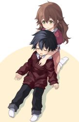 Rule 34 | 1boy, 1girl, age regression, aged down, blush, closed eyes, d:, eiyuu densetsu, hakuleg, hand on another&#039;s chest, hand on another&#039;s head, long hair, no shoes, open mouth, oversized clothes, pants, rean schwarzer, sen no kiseki, smile, socks, sweater, towa herschel, wavy hair, white socks