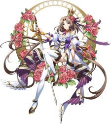 Rule 34 | 1girl, breasts, brown eyes, brown hair, cleavage, closed mouth, collarbone, crown, floating hair, flower, frilled thighhighs, frills, full body, hair flower, hair intakes, hair ornament, hair ribbon, highres, holding, holding sword, holding weapon, langrisser, langrisser mobile, large breasts, long hair, looking at viewer, miniskirt, neck ribbon, official art, pink flower, pink rose, purple ribbon, ribbon, rose, sitting, skirt, smile, solo, striped ribbon, sword, thighhighs, transparent background, very long hair, weapon, white skirt, white thighhighs, yulia (langrisser)