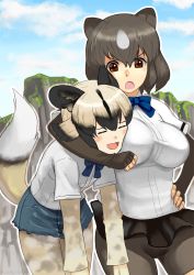 Rule 34 | 10s, african wild dog (kemono friends), animal ears, bear ears, bike shorts, black hair, blonde hair, blush, breasts, brown bear (kemono friends), brown eyes, camouflage, commentary request, denim, denim shorts, dog ears, dog tail, elbow gloves, closed eyes, fingerless gloves, gloves, hair flaps, kemono friends, large breasts, long hair, long sleeves, multicolored hair, multiple girls, open mouth, pantyhose, sengoku64, short hair, shorts, skirt, tail