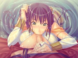 Rule 34 | 1boy, 1girl, :&gt;=, afloat, bare shoulders, breasts, bubuzuke, censored, cum, cum on hands, earrings, fellatio, from above, game cg, green eyes, hetero, jewelry, lamia hygieia, large breasts, long hair, mamonomusume to no seikatsu, mamonomusume to no seikatsu ~ramia no baai~, mosaic censoring, oral, partially submerged, penis grab, tucking hair