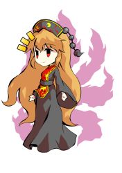 Rule 34 | 1girl, belt, black eyes, bow, bowtie, breasts, chibi, chinese clothes, clip studio paint (medium), closed mouth, crescent, dairi, dress, energy, full body, grey belt, grey dress, grey hat, hair between eyes, hat, junko (touhou), long hair, long sleeves, looking to the side, medium breasts, orange hair, phoenix crown, pom pom (clothes), red eyes, simple background, smile, solo, standing, tabard, tachi-e, touhou, transparent background, white background, wide sleeves, yellow bow, yellow bowtie