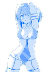 Rule 34 | 1girl, ;o, armpits, arms behind back, arms behind head, arms up, bikini, bikini top only, blue theme, blush, breast pocket, breasts, chain, cleavage, condom, condom in clothes, contrapposto, covered erect nipples, detached collar, fishnet thighhighs, fishnets, garrison cap, gluteal fold, hairband, haruhisky, hat, heart, highres, legs apart, long hair, looking at viewer, medium breasts, monochrome, necktie, one eye closed, open mouth, partially visible vulva, pocket, ponytail, simple background, skindentation, solo, standing, striped necktie, striped neckwear, suzumiya haruhi, suzumiya haruhi no yuuutsu, swimsuit, tareme, thighhighs, white background