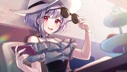 Rule 34 | 1girl, :3, bang dream!, bang dream! it&#039;s mygo!!!!!, bare shoulders, black choker, blush, breasts, cellphone, choker, commentary request, diffraction spikes, grey shirt, guest art, hat, highres, holding, holding phone, holding removed eyewear, looking at viewer, medium breasts, nou (nounknown), off-shoulder shirt, off shoulder, official art, open mouth, phone, puffy short sleeves, puffy sleeves, purple hair, red eyes, second-party source, shirt, short hair, short sleeves, single sidelock, sitting, smartphone, solo, sun hat, sunglasses, unworn eyewear, white hat, white shirt, yuutenji nyamu