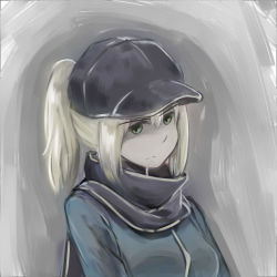 Rule 34 | 1girl, artoria pendragon (fate), bad id, bad pixiv id, baseball cap, blonde hair, fate/stay night, fate (series), frown, green eyes, hat, jacket, mysterious heroine x (fate), ponytail, rojiura satsuki: capter heroine sanctuary, rojiura satsuki : chapter heroine sanctuary, saber (fate), scarf, solo, track jacket, tthal