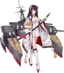 Rule 34 | 1girl, aiguillette, azur lane, bell, black hair, breasts, buttons, chrysanthemum, cleavage, cleavage cutout, closed mouth, clothing cutout, criin (659503), crossed legs, eyebrows, eyes visible through hair, facing away, flower, full body, gloves, hair bell, hair flower, hair ornament, hiei (azur lane), holding, holding sword, holding weapon, horns, jingle bell, katana, kikumon, kneehighs, large breasts, long hair, long sleeves, looking away, looking to the side, machinery, miniskirt, official art, pleated skirt, pom pom (clothes), red flower, red footwear, red rose, rose, sheath, sheathed, shirt, skirt, smile, socks, solo, standing, straight hair, swept bangs, sword, tassel, transparent background, turret, watson cross, weapon, white gloves, white shirt, white skirt, white socks, wide sleeves, yellow eyes