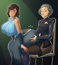 Rule 34 | 2girls, age difference, aged up, ass, ass grab, avatar: the last airbender, avatar legends, blue eyes, blush, breasts, brown hair, chair, clothes, emmabrave, grabbing, grabbing another&#039;s ass, grabbing from behind, green eyes, highres, huge ass, huge breasts, korra, lin bei fong, medium breasts, medium hair, multiple girls, old, old woman, on person, scar, scar on face, sitting, sitting on person, smile, the legend of korra, yuri
